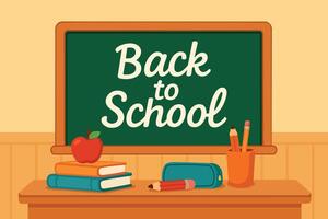 Back to school message on chalkboard with books, pencils, apple, and pencil case. Flat cartoon illustration. vector