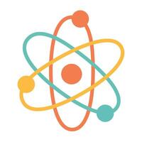 Colorful cartoon atom symbol with three orbits and nucleus. flat doodle isolated illustration. vector