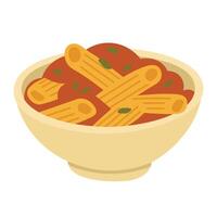 Tasty cartoon bowl of penne pasta with tomato sauce and basil, isolated, flat food style. vector