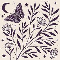 Bohemian Floral Seamless Pattern Celestial Elements Cosmic Design Nature Inspired Decor Hand-Drawn Illustration Background vector