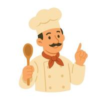 Smiling cartoon chef holding a spoon and pointing up, isolated on white, flat style. vector