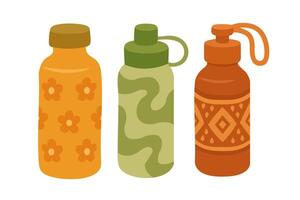 Three reusable water bottles with decorative patterns in flat cartoon style illustration. vector