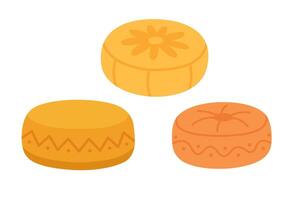 set of colorful yoga poufs for meditation and relaxation in flat cartoon style. vector