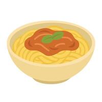 Delicious cartoon bowl of spaghetti with tomato sauce and basil, isolated, flat food style. vector