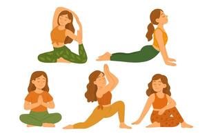 Collection of girls practicing yoga in various calm poses with flat cartoon design. vector