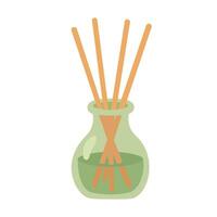 green diffuser bottle with aroma sticks. Flat cartoon style for yoga and relaxation kits. vector