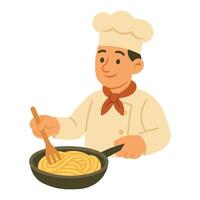 Smiling cartoon chef stirring pasta in frying pan, isolated on white background, flat style. vector