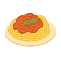 Tasty cartoon plate of spaghetti with tomato sauce and basil leaves, isolated, flat style. vector