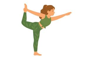Young woman in green top and patterned leggings balancing in dancer pose during yoga practice session. vector