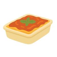 Tasty cartoon dish of lasagna with tomato sauce and basil, isolated, flat food style. vector