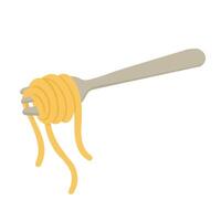 Cartoon fork twirling spaghetti noodles, isolated on white background, flat food illustration. vector