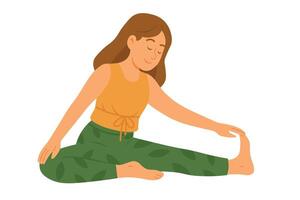 cartoon girl sitting in forward bend yoga pose, touching foot with calm expression. vector