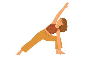 Woman practicing side angle yoga pose with extended arm and calm face, wearing brown and yellow. vector
