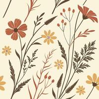 Seamless Pattern with Wildflowers and Meadow Grass in Earthy Boho Tones vector