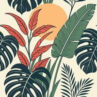 Bold Tropical Seamless Pattern with Monstera and Palm Leaves vector