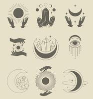 Bohemian linear logo icon set. Line art healing crystal and moon vector