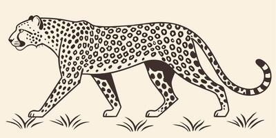 Seamless leopard print pattern with beige background and stylized leopard walking in safari landscape vector