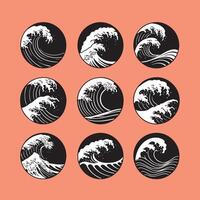Nine Unique Black and White Wave Designs in Circles Japanese Style Ocean Water Graphics vector