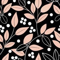 Elegant Abstract Floral Pattern with Peach Leaves and White Dots on Black Background vector