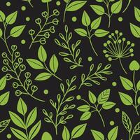 Seamless Pattern Green Leaves and Flowers on Black Background Botanical Illustration vector