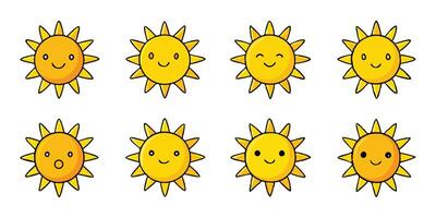 Collection of Eight Adorable Cartoon Suns with Varied Happy Expressions vector