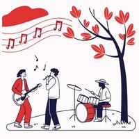 Band Playing Music Outdoors Under a Tree in Autumn vector
