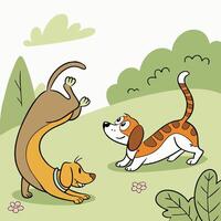 Two Adorable Dogs Playing in a Sunny Park Engaging in Playful Activities vector