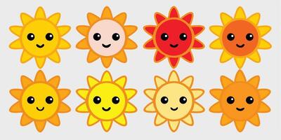 Eight Adorable Cartoon Suns with Happy Faces Arranged in Two Rows vector