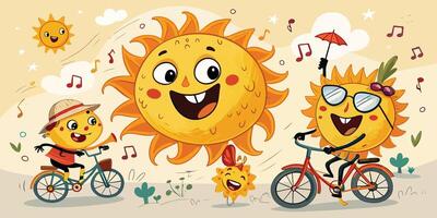 Joyful Sun Characters on Bikes and a Musical Summer Adventure vector