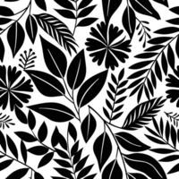Black and White Floral Seamless Pattern with Various Leaves and Flowers vector