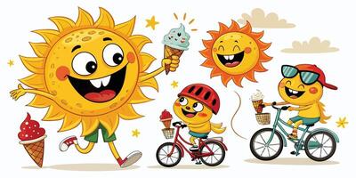 Joyful Sun Characters Enjoying a Sunny Day with Ice Cream and Bicycles vector