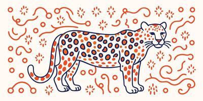 Stylized Leopard Illustration with Abstract Orange and Blue Design Elements vector