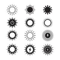 Twelve Unique Sun Icons Set Black and White Solar Energy Symbols Power Button Graphic Design Elements vector
