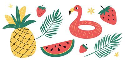Vibrant Summer Collection Featuring Pineapple Watermelon Strawberries and Flamingo Float vector
