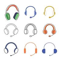 Headphones icon set features audio, sound, and music symbols for web design, illustrating stereo headset technology vector