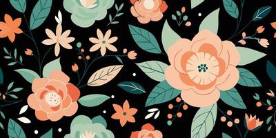 Elegant Peach and Teal Floral Pattern on Black Background vector