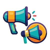 A blue megaphone with an orange handle and a light blue circle with a white lightning bolt vector