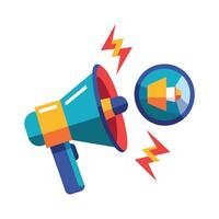 A blue megaphone with an orange handle and a light blue circle with a white lightning bolt in it surrounded by colorful bolts and a green arrow vector