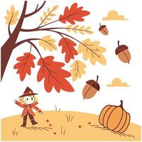 Aclose up of a person wearing a hat and scarf with pumpkins and leaves vector