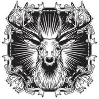 black and white deer with frame engraving ornament illustration art vector