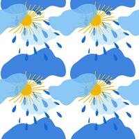 Seamless pattern of yellow sun and clouds of different shades of blue with raindrops in children's style hand drawn for posters, cards, stickers. Seamless pattern on pastel soft blue vector