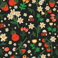 seamless pattern with strawberry and ladybug. Trendy summer background with hand drawn strawberry, flowers and ladybug. vector
