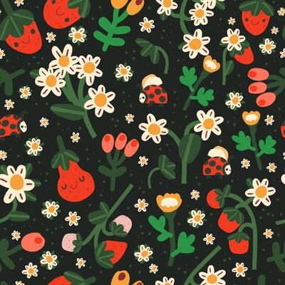 seamless pattern with strawberry and ladybug. Trendy summer background with hand drawn strawberry, flowers and ladybug.
