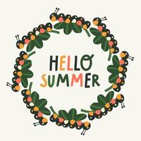Round wreath of bright and colored caterpillars and an inscription in the middle hello summer on a white background. vector