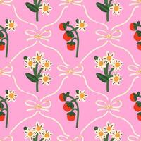 Coquette pattern of white flowers and strawberries on a pink background. Preppy background for wallpaper or wrapping paper. vector