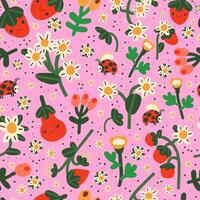 seamless pattern with strawberry flowers and ladybug on a pink background vector