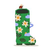 illustration of a garden boot with flowers ladybug and caterpillar on a white background. vector