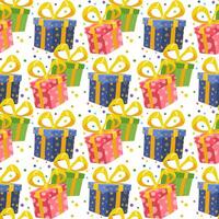 Seamless pattern with gift boxes, bows and confetti on a white background vector
