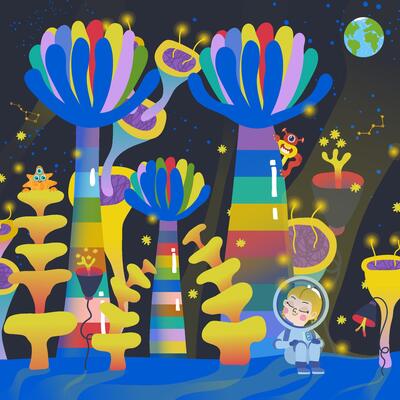 illustration of kids astronaut on a another planet trip across the fantasy galaxy
