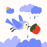 illustration with a sparrow, a bird flying and carrying a red strawberry in its beak vector